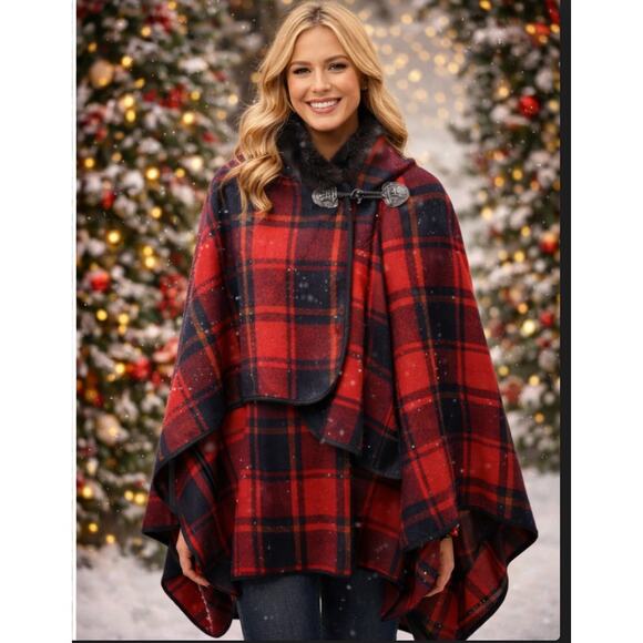 Jones New York Red Plaid Faux Fur Cape Coat One Size Cozy Winter Layer - Picture 6 of 6